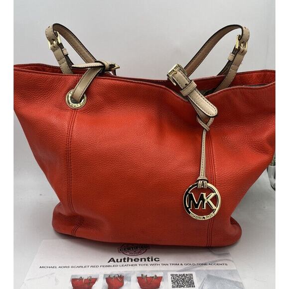 Michael Kors Authenticated 38F2CTTT/L Jet Set Bright Red Pebbled Leather Lg Tote - Picture 1 of 16